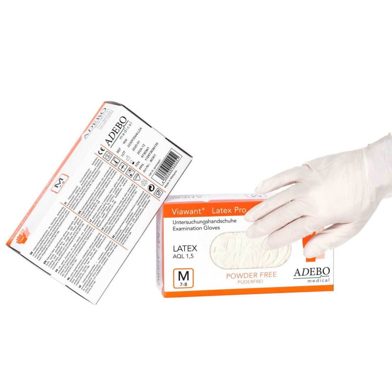 Latex Untersuchungshandschuhe Viawant Pro - angezogene Hand mit texturiertem Greifbereich - Med-Praxisbedarf