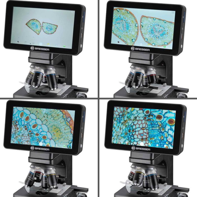 BRESSER Researcher LCD Digitalmikroskop - Frontansicht mit großem Display und Objektiv - Med-Praxisbedarf