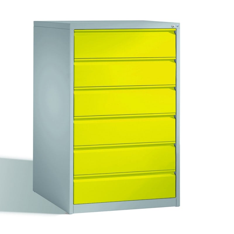Karteikartenschrank Acurado mit Karteikarten - befüllter Schrank zeigt Praxisanwendung - Med-Praxisbedarf