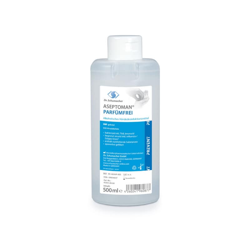 Flasche ASEPTOMAN Händedesinfektion parfümfrei - 500ml, mit Dosierpumpe - Med-Praxisbedarf