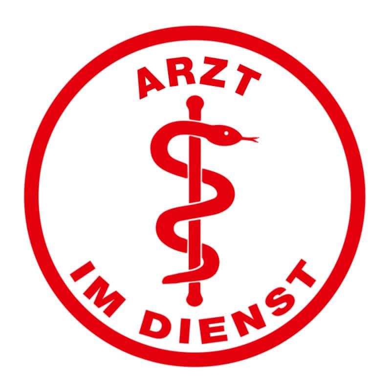 Aufkleber Arzt im Dienst - für Praxisautos mit rotem Schriftzug und Äskulapstab - Med-Praxisbedarf