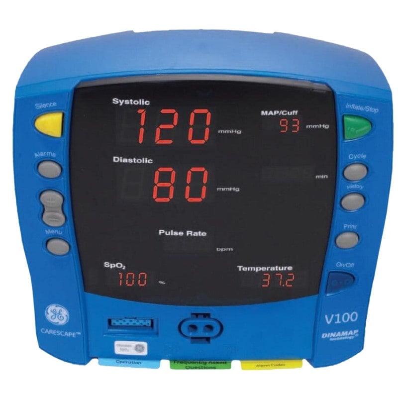 GE Carescape V100 im klinischen Einsatz - zeigt Vitalparameter auf hellem Display - Med-Praxisbedarf