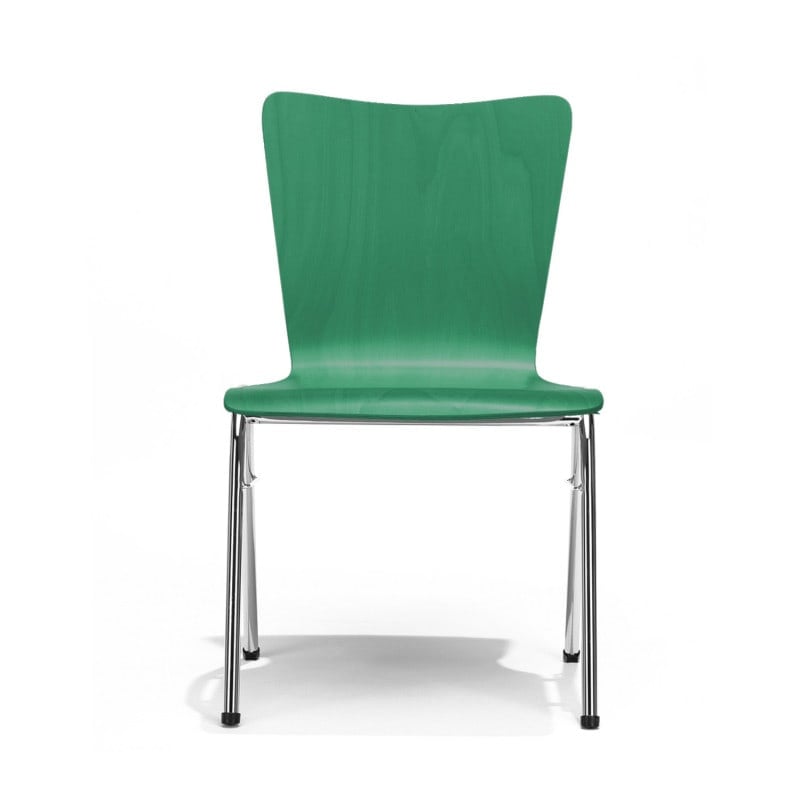 Stapelbarer Buchenholzstuhl - Seitenansicht zeigt die ergonomische Rückenlehnenform - Med-Praxisbedarf