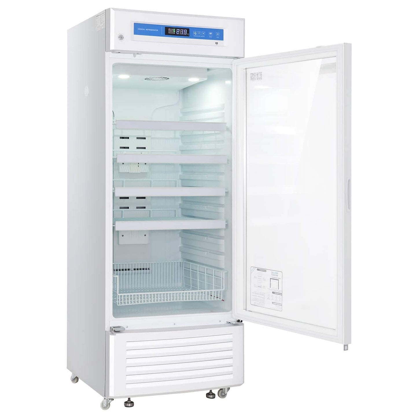 Medikamenten-Kühlschrank YC-315L geöffnet - Innenraum mit Glasböden und LED-Beleuchtung, 315 Liter Volumen - Med-Praxisbedarf