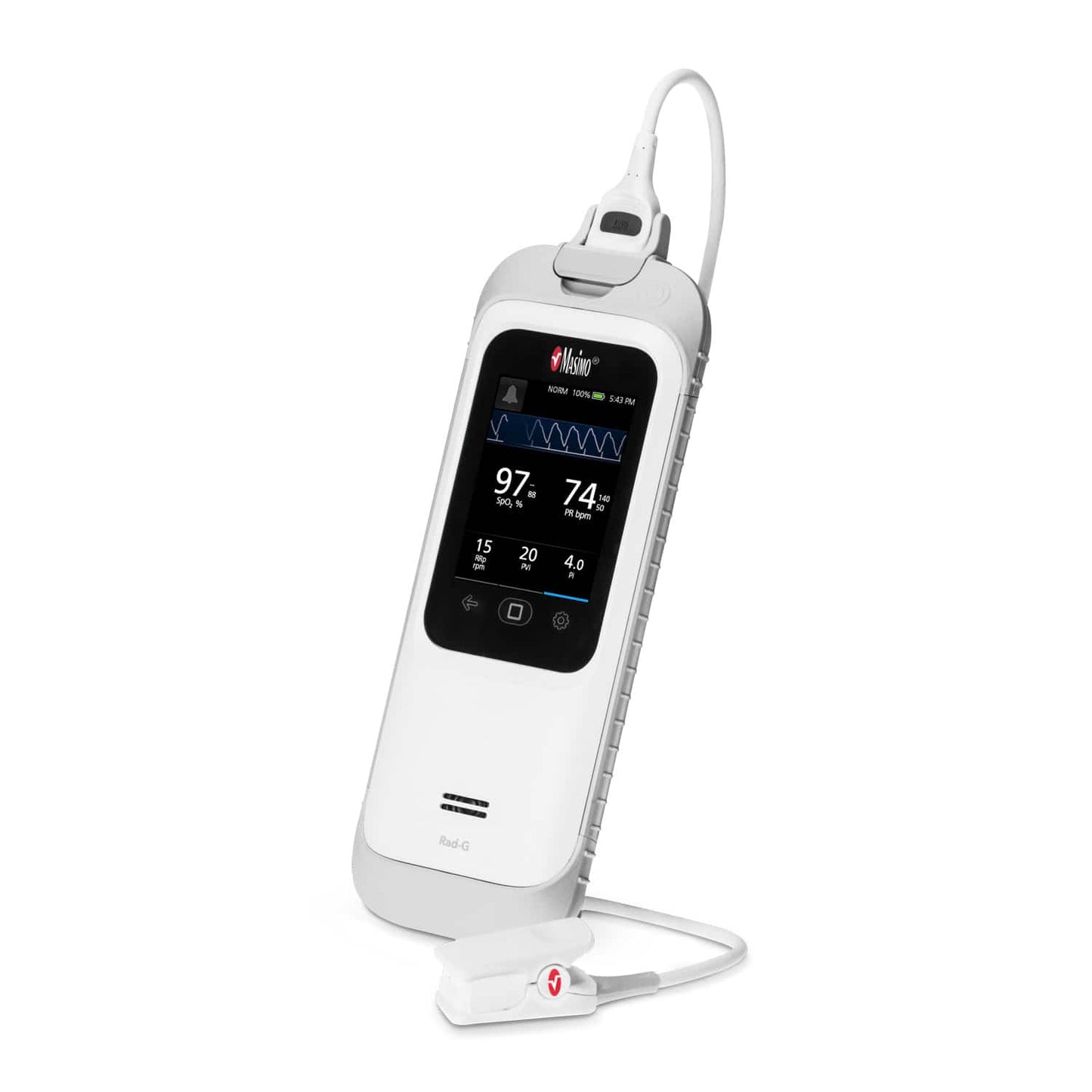Tragbares Pulsoximeter Masimo Rad-G in Anwendung - Darstellung der Finger-Messung am Patienten - Med-Praxisbedarf