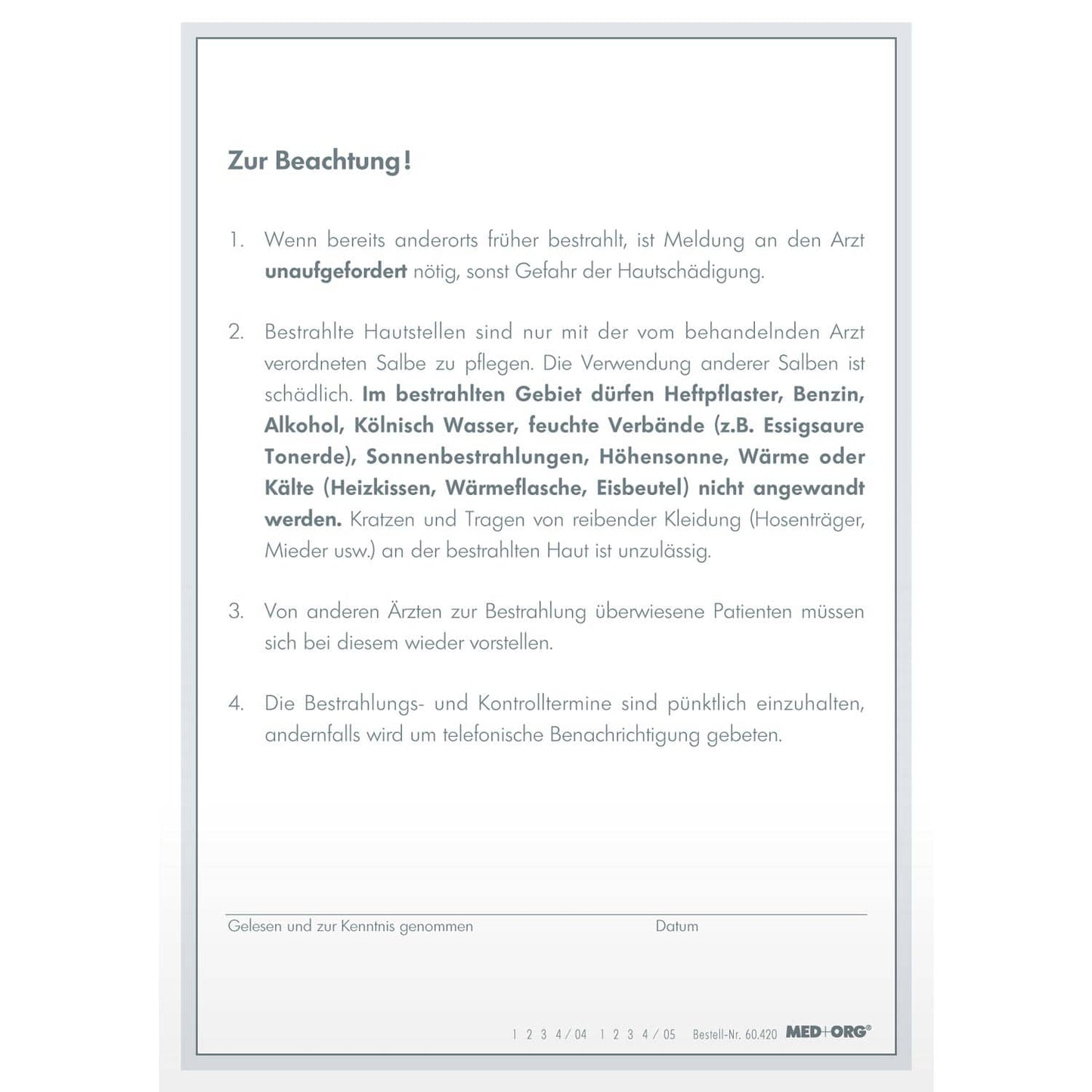 Bestrahlungskarte für Patienten-Termine - 500 Blatt im Format DIN A6 - Med-Praxisbedarf