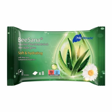 Feuchter Waschhandschuh in Anwendung - Demonstration der Handpflege mit BeeSana Produkt - Med-Praxisbedarf