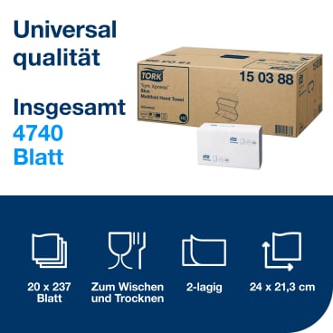 Blaue H2 Papierhandtücher Tork Xpress Multifold - Format 23,4 x 21,3 cm, vielseitig einsetzbar - Med-Praxisbedarf