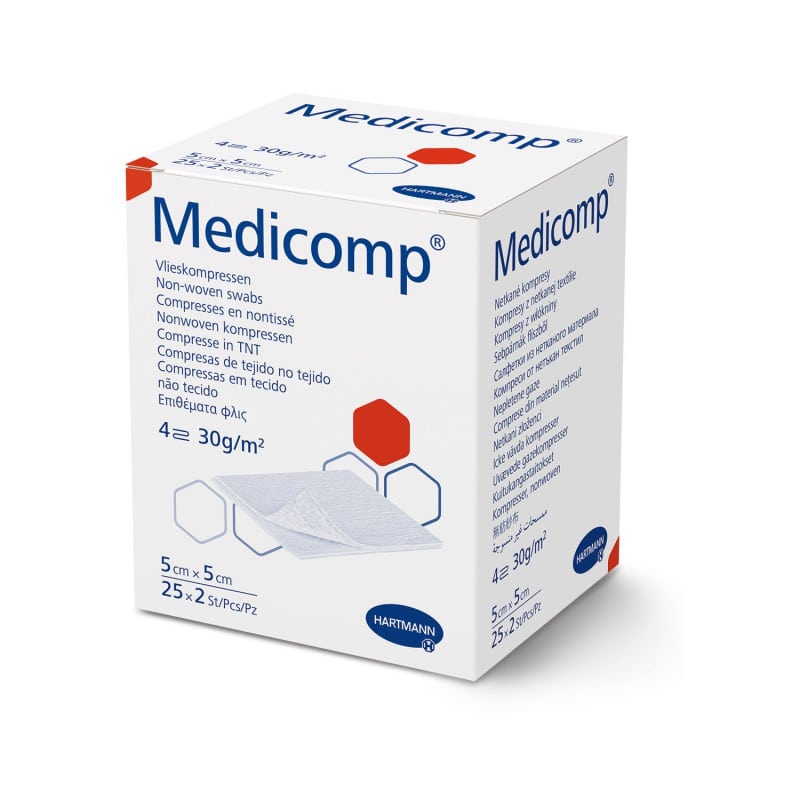 Medicomp Vliesstoffkompresse 10x10 cm - sterile Kompresse aus Zellwolle für die Wundversorgung - Med-Praxisbedarf