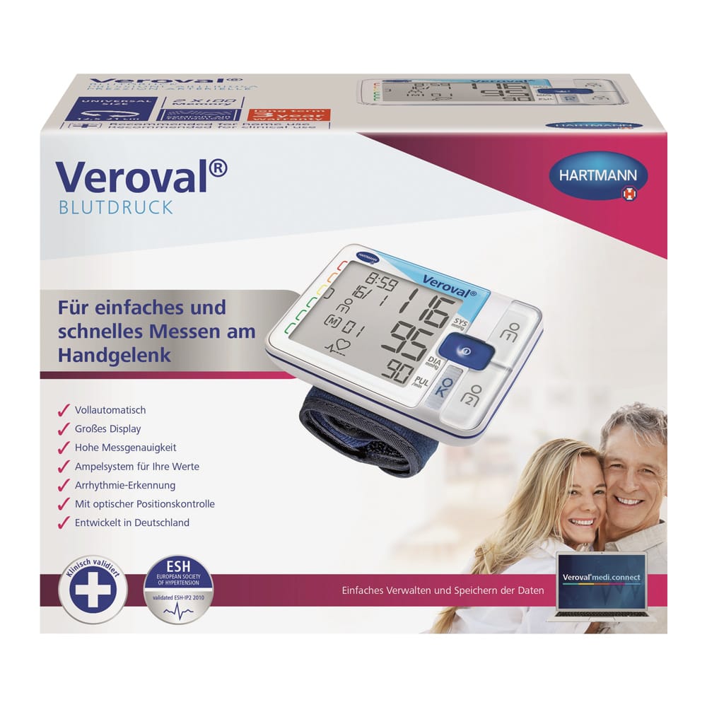 Veroval Handgelenk-Messgerät in Nahaufnahme - große Tasten, klare Anzeige von Systole und Diastole - Med-Praxisbedarf