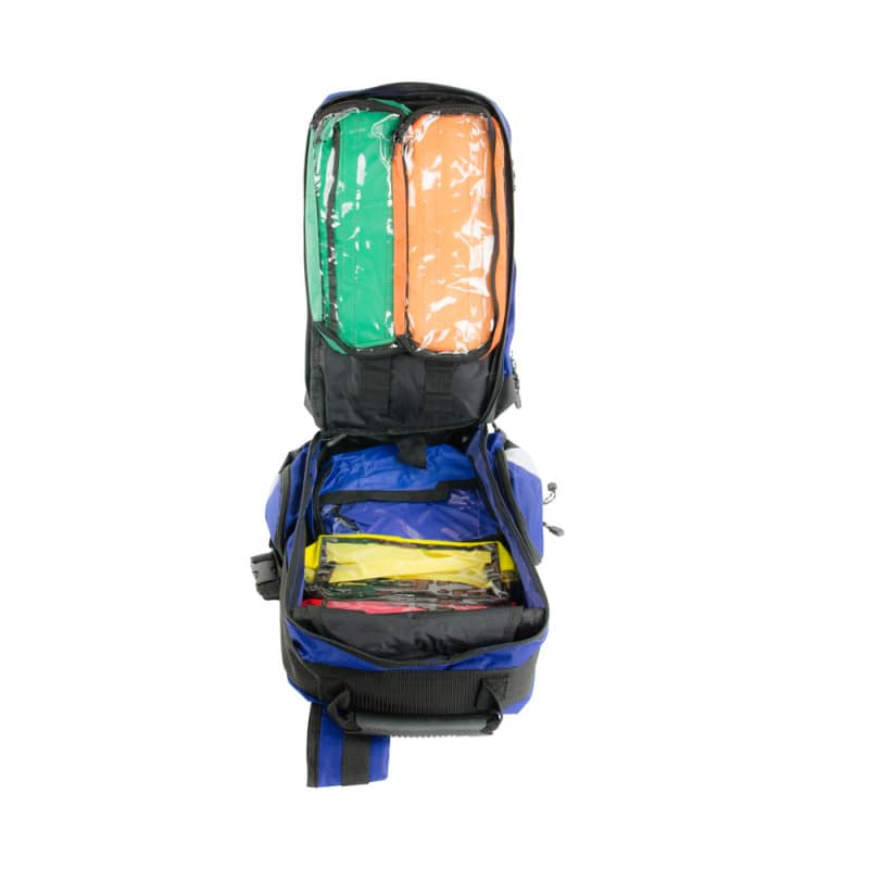 Detailansicht Notfallrucksack - robustes Material, seitliche Kompressionsriemen und Logo - Med-Praxisbedarf