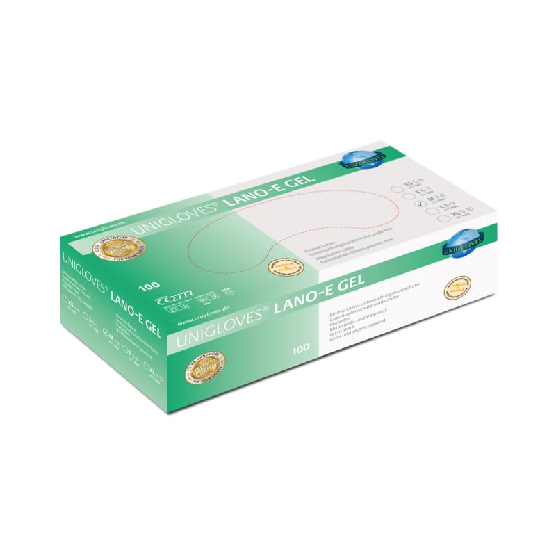 Lano-E Gel Handschuhe von Unigloves - puderfreie Untersuchungshandschuhe mit Pflegekomplex - Med-Praxisbedarf