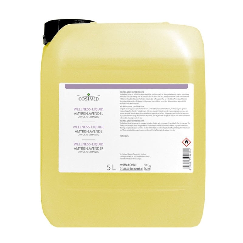 Wellness-Liquid Amyris-Lavendel in Anwendung - Tropfen des duftenden Massageöls - Med-Praxisbedarf