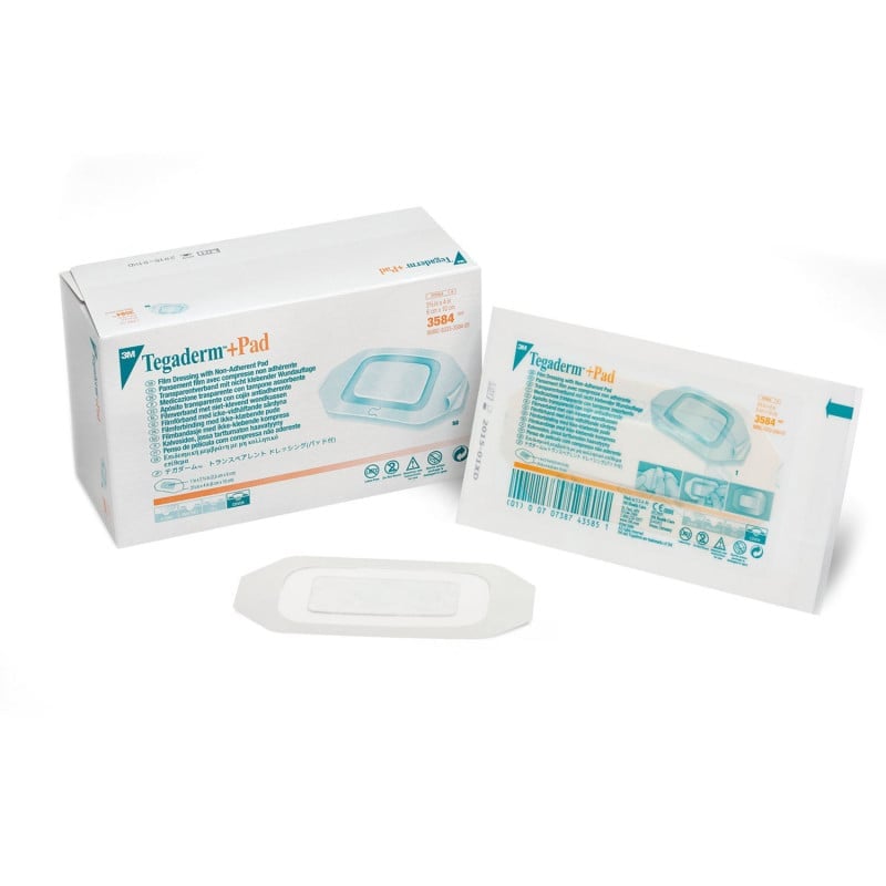 Tegaderm + Pad Anwendung auf Wunde - transparenter Rand, absorbierendes Pad - Med-Praxisbedarf