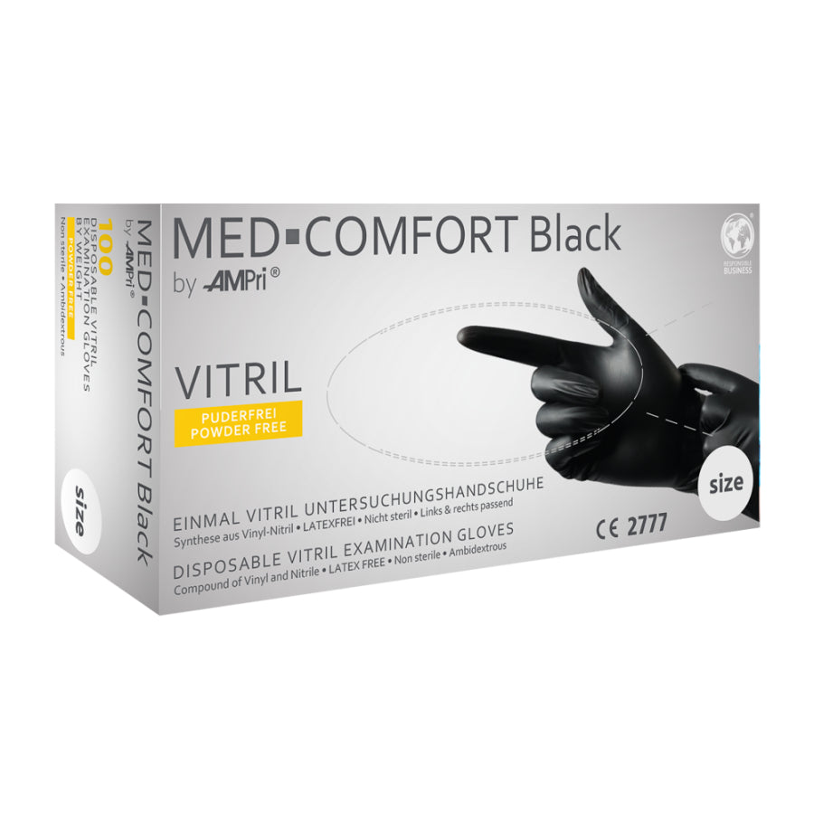 MED-COMFORT Black Vitrilhandschuhe - Puderfreie Einmalhandschuhe in Schwarz - Med-Praxisbedarf