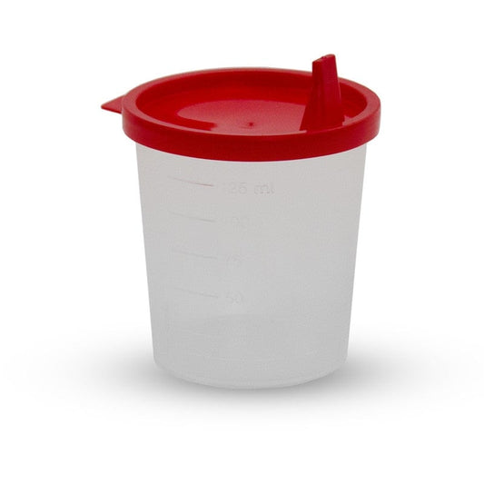Urinbecher mit rotem Deckel von Ampri - aus transparentem, stabilem Polypropylen - Med-Praxisbedarf