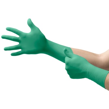 Einmalhandschuhe für Chemikalien Ansell 92-605 - lange Stulpe, grüne Nitrilhandschuhe - Med-Praxisbedarf