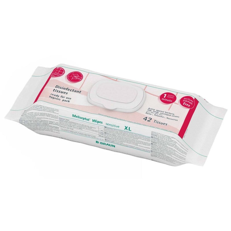 Meliseptol wipes sensitive Verpackung - gebrauchsfertige Tücher im Flowpack von B. Braun - Med-Praxisbedarf