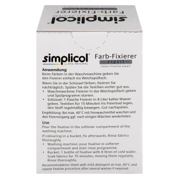 simplicol expert Farb-Fixierer - Detail der Flasche und Dosierhilfe für einfache Anwendung - Med-Praxisbedarf