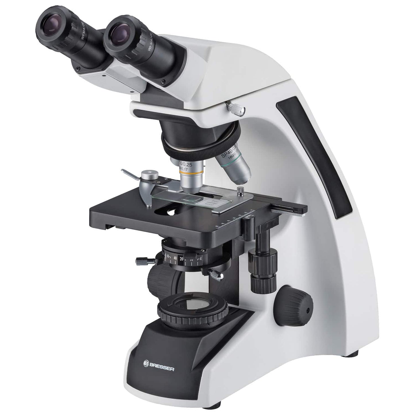Mikroskop Bresser Science TFM-201 Bino - Blick auf den Objekttisch mit Klemmen und Beleuchtung - Med-Praxisbedarf