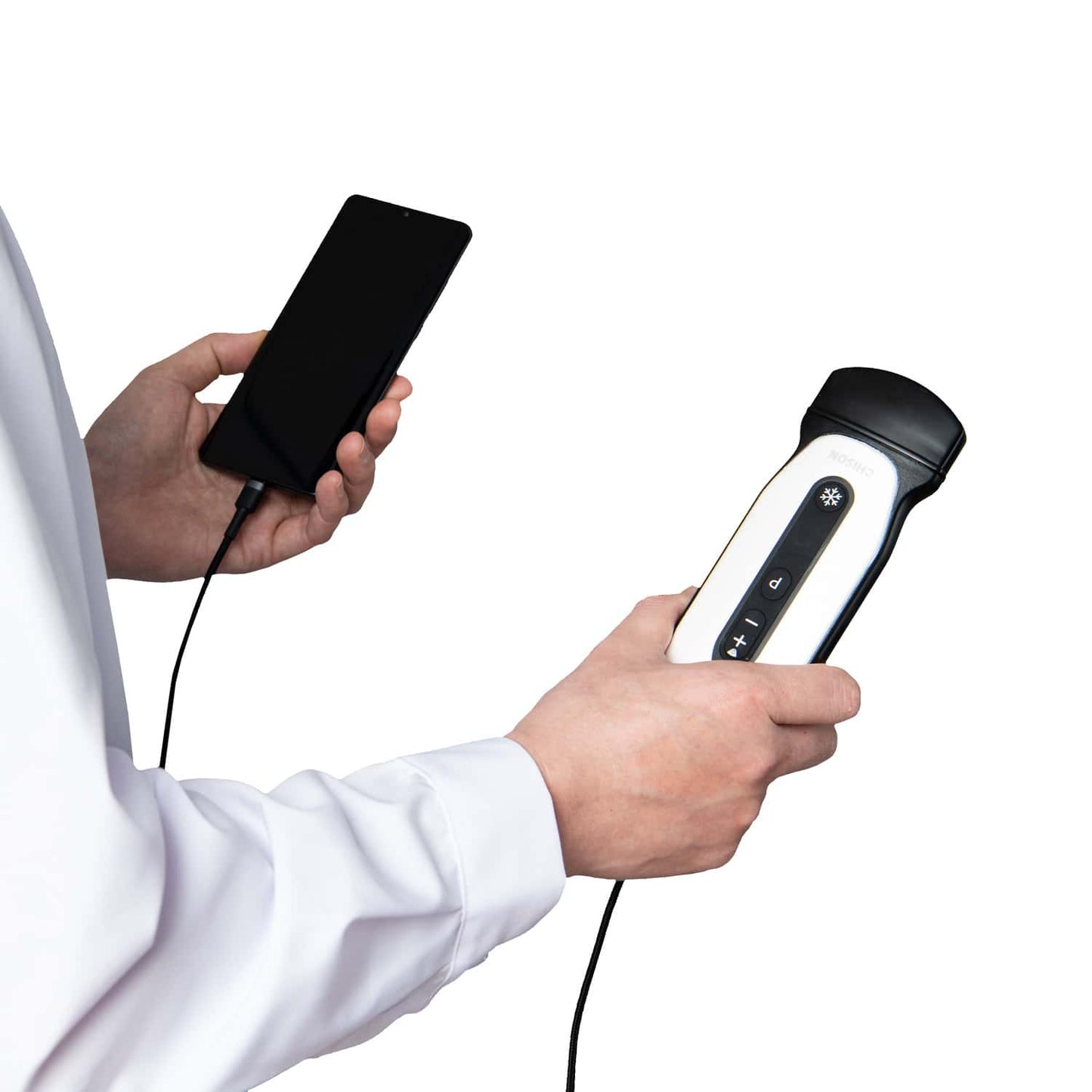 Chison SonoEye Ultraschallgerät in der Hand - Darstellung der handlichen Größe und Anwendung - Med-Praxisbedarf