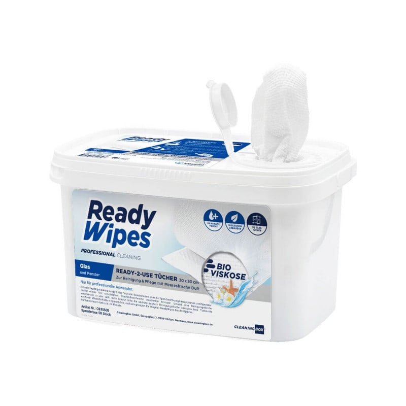 ReadyWipes Spenderbox geöffnet - zeigt entnehmbare, feuchte Reinigungstücher - Med-Praxisbedarf