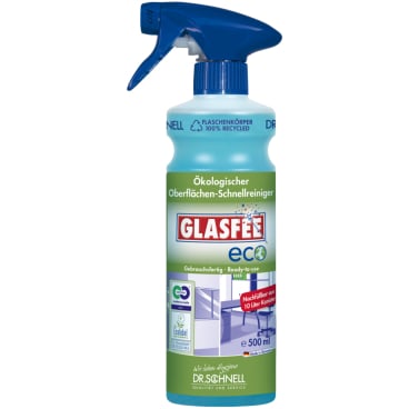 GLASFEE eco Konzentrat Flasche - Detailaufnahme des Etiketts mit Inhaltsstoffen und Dosieranleitung - Med-Praxisbedarf