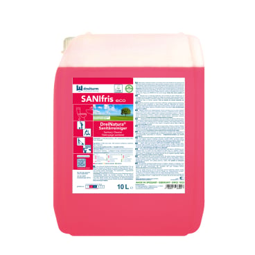 SANIfris eco Sanitär-Unterhaltsreiniger Dreiturm - DreiNatura Linie, Flasche und Logo - Med-Praxisbedarf