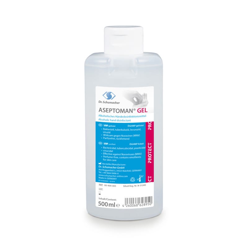 Aseptoman Gel Desinfektion Flasche - viruzides Händedesinfektionsmittel in Gelform - Med-Praxisbedarf