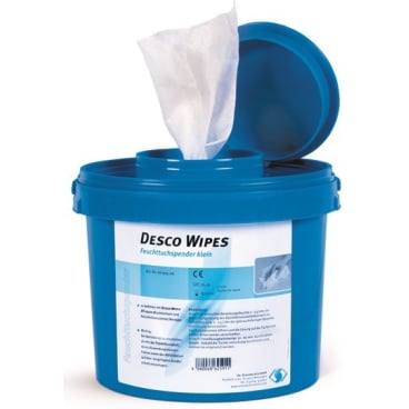 DESCO WIPES Vliestuchspender im Gebrauch - Entnahme eines Desinfektionstuchs für Oberflächen - Med-Praxisbedarf