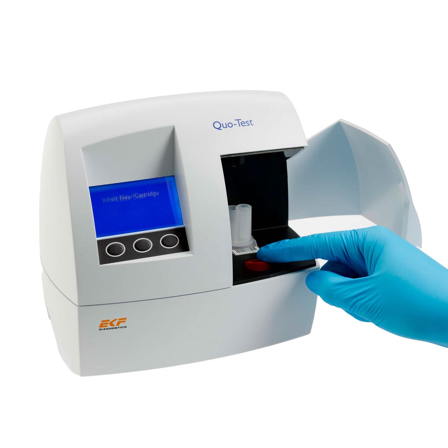 Quo-Test HbA1c Messsystem geöffnet - zeigt Probennehmer für kapillare oder venöse Proben - Med-Praxisbedarf