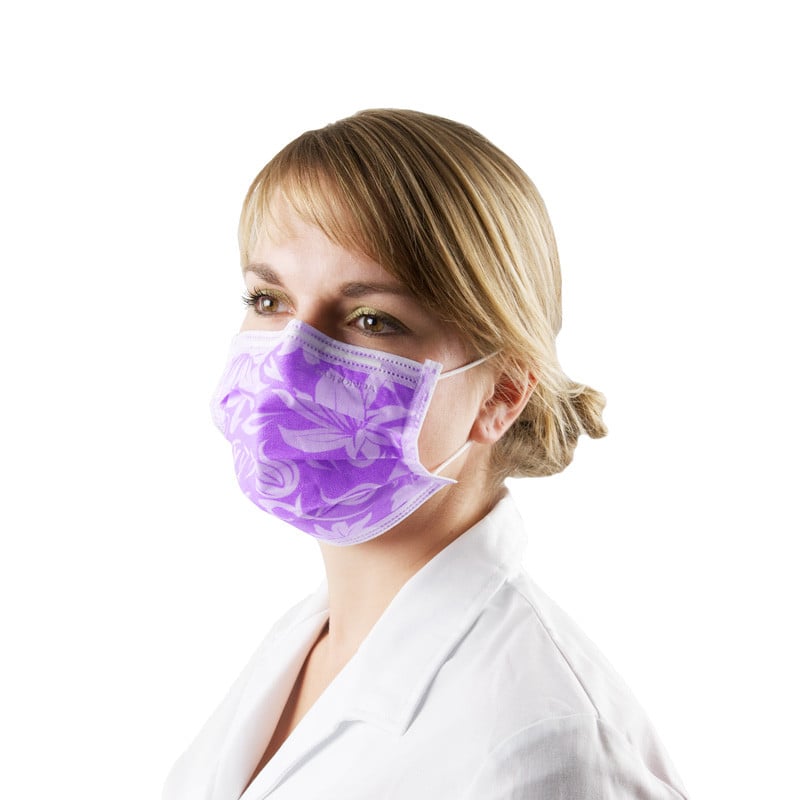 Monoart Mundschutz Blumen - Seitliche Ansicht der mehrlagigen Filtervliese, elastische Bänder - Med-Praxisbedarf