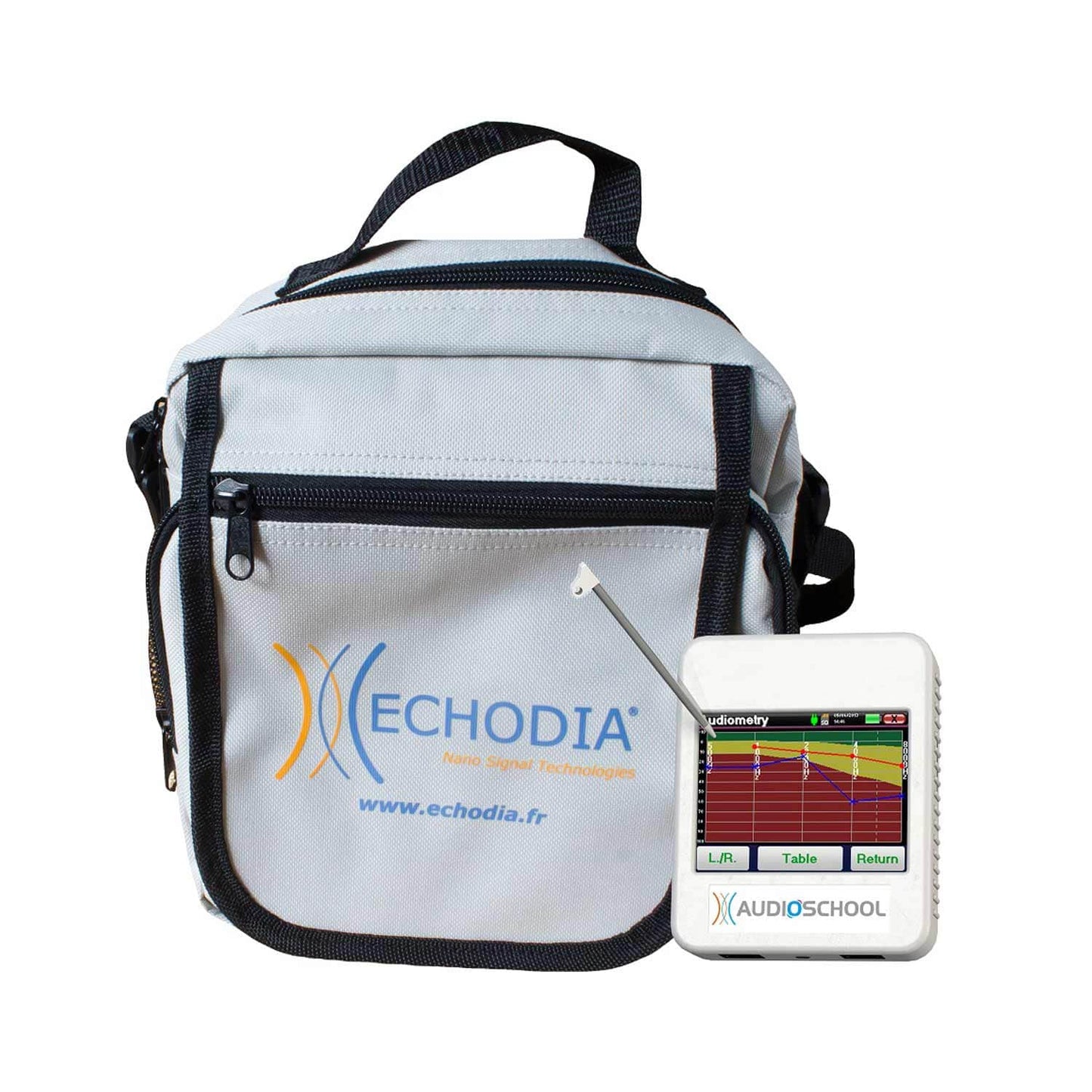 Audioschool Audiometer im Einsatz - Hörtest bei einem Erwachsenen mit Kopfhörer und Bedientablett - Med-Praxisbedarf