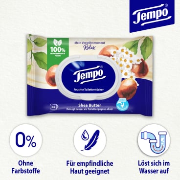 Tempo Sheabutter Feuchte Toilettentücher - mit pflegender Sheabutter, ergänzend zu Toilettenpapier - Med-Praxisbedarf