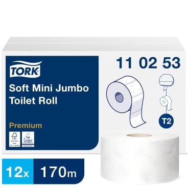 Tork Mini Jumbo Toilettenpapier T2 Premium - 2-lagig, weiß, 170 Meter Rolle für Arztpraxen und Kliniken - Med-Praxisbedarf