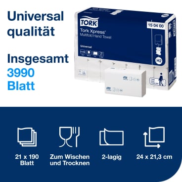 Praktische Falthandtücher für Pflegeeinrichtungen - Tork Xpress Multifold H2 24 x 21,3 cm - Med-Praxisbedarf