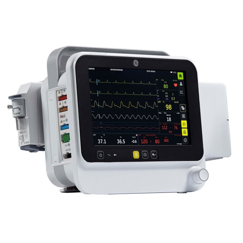 GE Patientenmonitor von der Seite - schlankes Design mit Touchscreen und Halterung - Med-Praxisbedarf