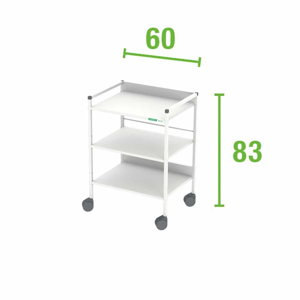 Mobiler Regalwagen für Medizingeräte - drei Ablageebenen, stapelbar, Maße 60x45x83cm - Med-Praxisbedarf