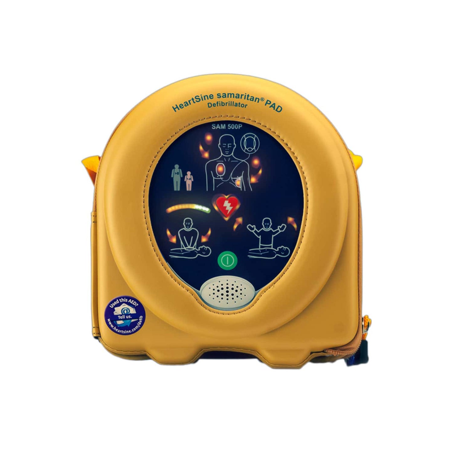 HeartSine samaritan PAD 500P Frontansicht - zeigt Statusanzeige und Sprachmodul - Med-Praxisbedarf