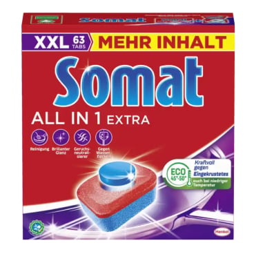 Somat All in 1 Tabs geöffnete Verpackung - einzeln portioniert, für hartes Wasser - Med-Praxisbedarf