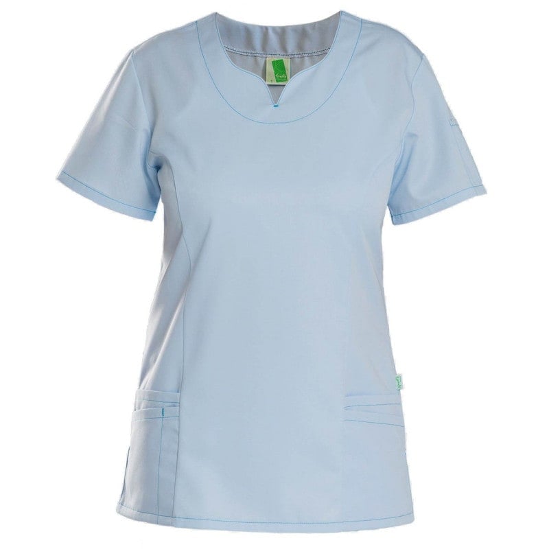 Damen-Kasack TENCEL™ Detailansicht - V-Ausschnitt und kurze Ärmel des atmungsaktiven Kasacks - Med-Praxisbedarf
