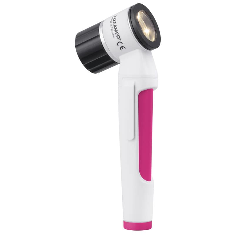 Luxamed Dermatoskop LED - Nahaufnahme des kompakten Gehäuses und des Ein-/Ausschalters - Med-Praxisbedarf