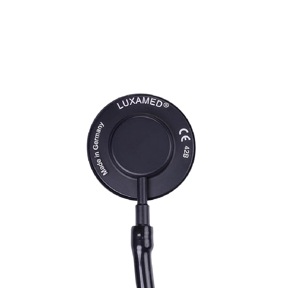 Luxascope Sonus Flat Flex Stethoskop Detailansicht - doppelseitiges Edelstahl-Bruststück, hochwertige Ohrbügel - Med-Praxi...