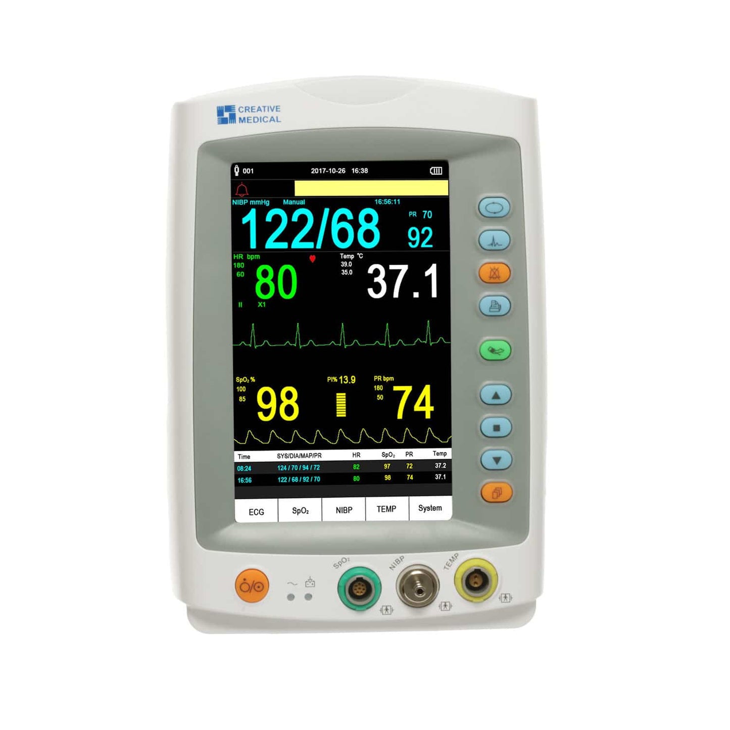 PC-900 Plus Monitor zeigt Vitalwerte - EKG-Kurve, SpO2 und Blutdruck auf Display - Med-Praxisbedarf