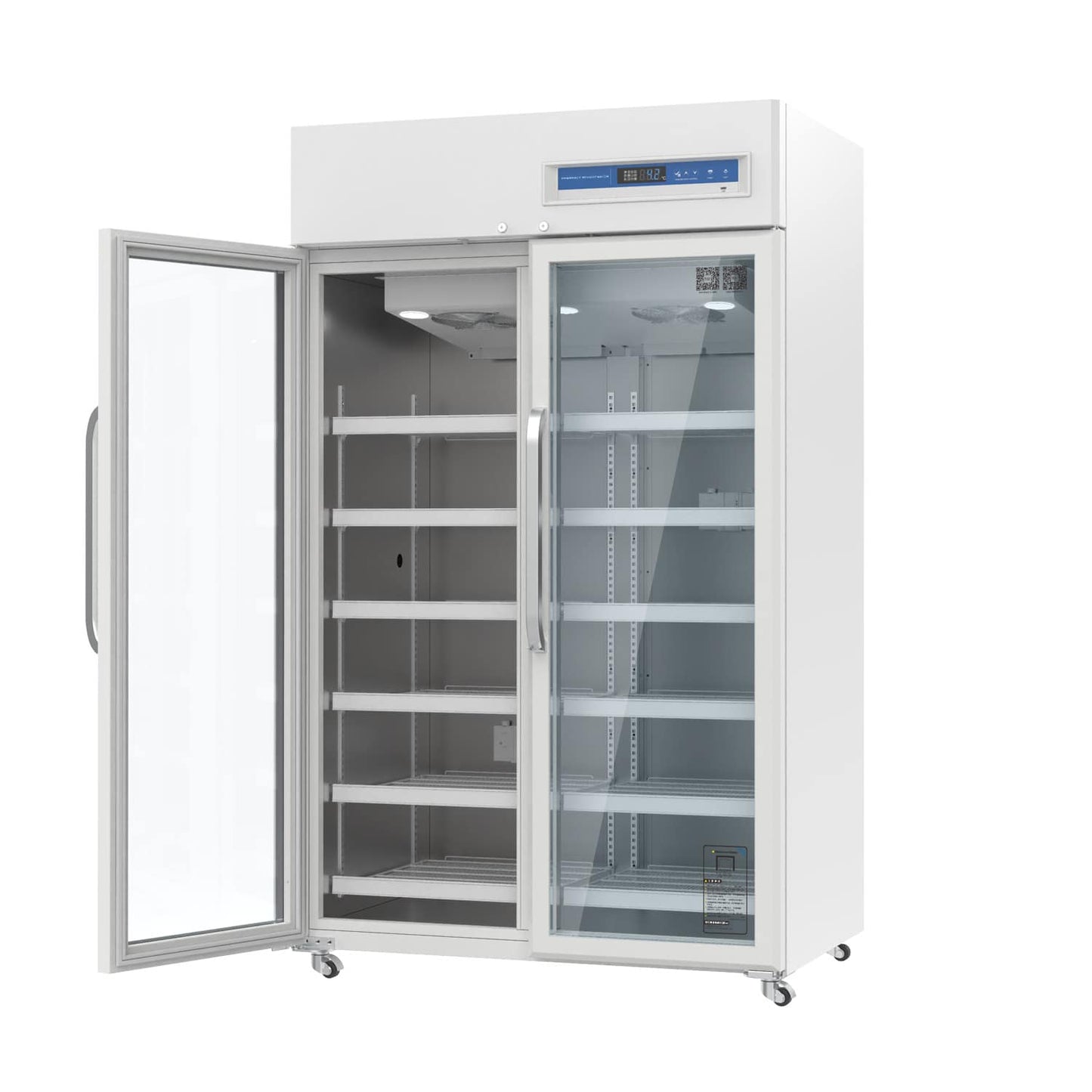 Medikamenten-Kühlschrank MELING YC-1015L Tür offen - großer Kühlschrank für medizinische Praxen und Labore - Med-Praxisbedarf