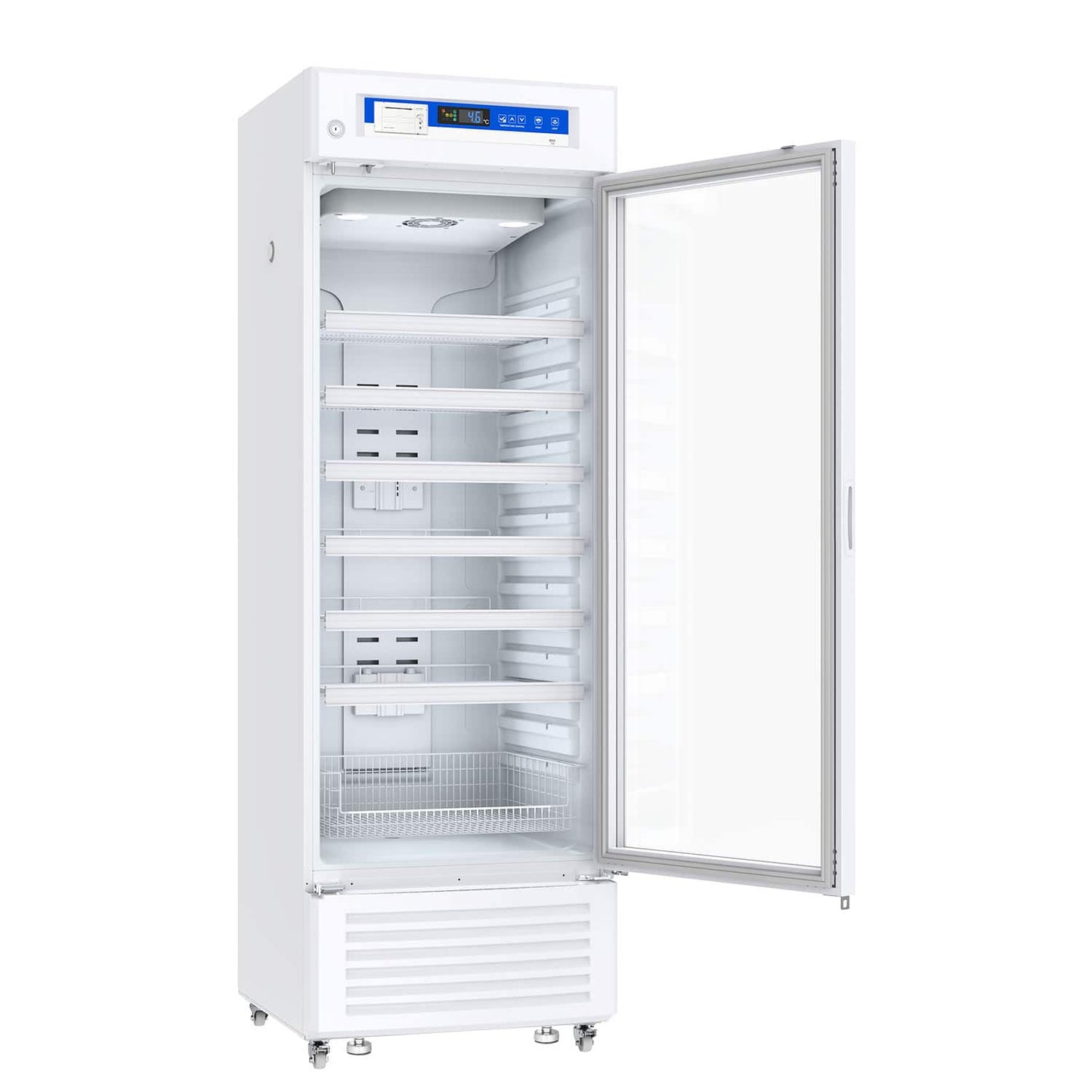 Medikamenten-Kühlschrank YC-395 Tür offen - Großer Innenraum mit verstellbaren Regalen, 395 Liter Kapazität - Med-Praxisbe...