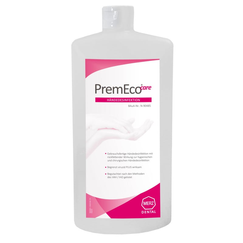 Händedesinfektion PremEco care - Flasche mit Spender für Praxishygiene, viruzid - Med-Praxisbedarf