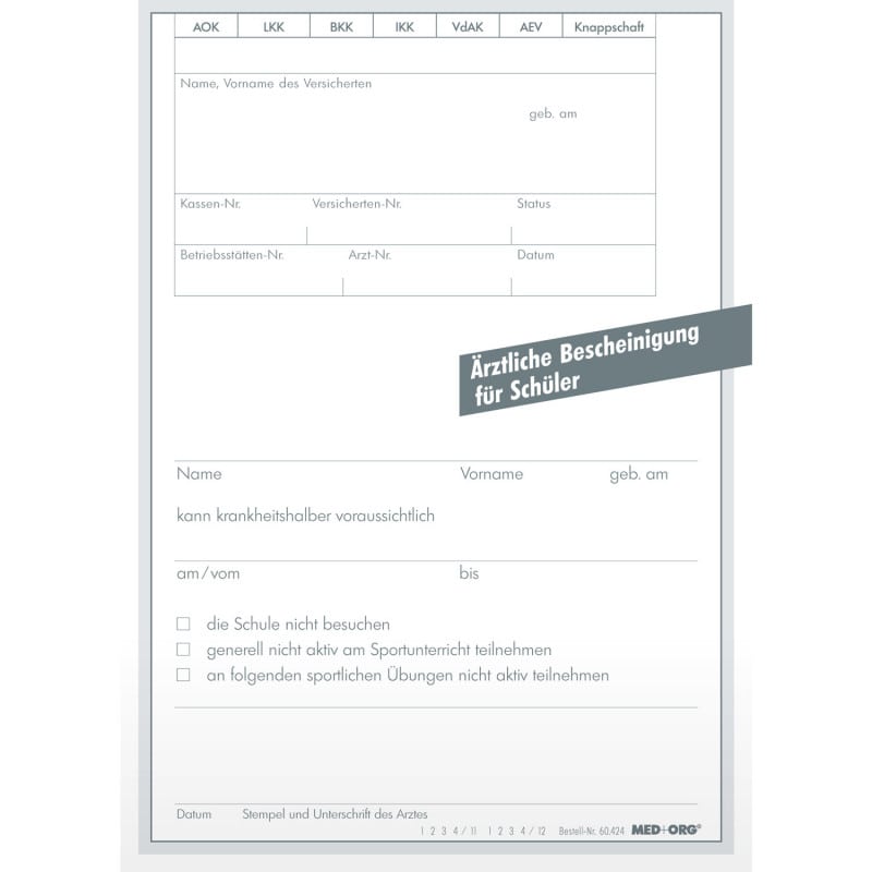 Ärztliche Bescheinigung für Schüler, 500 Stück - Formular für Schulbefreiung und Sportuntauglichkeit - Med-Praxisbedarf