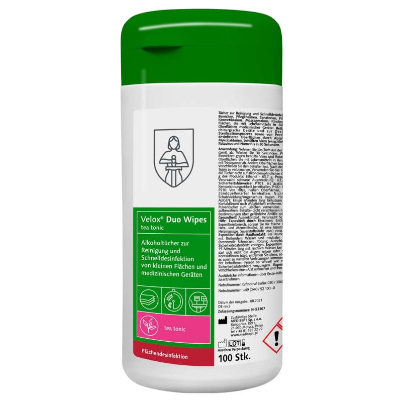 Velox Duo Wipes Desinfektionstücher - für Flächen und Geräte, Reinigung und Schnelldesinfektion - Med-Praxisbedarf