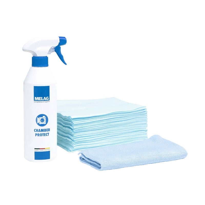 Chamber Protect Kesselreinigungsset von Melag - 500 ml Spray mit fusselfreien Tüchern für Autoklaven - Med-Praxisbedarf